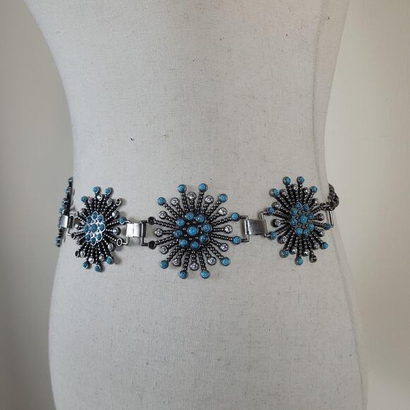 Silver Chain Starburst Belt Turquoise Medallion Western Boho Southwestern Rodeo main image 4